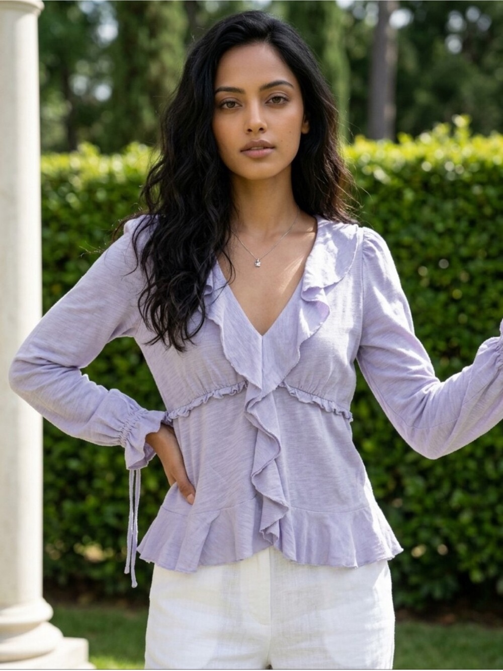 Anthropologie Lavender Ruffled V-Neck Blouse